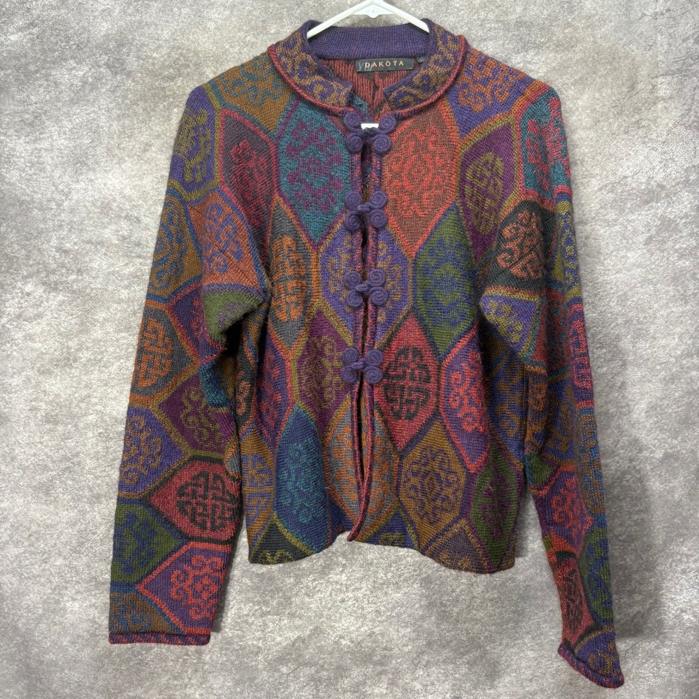 Dakota 100% Alpaca Cardigan Size S Hand Loomed Frog Knot Medallion Boho Tribal